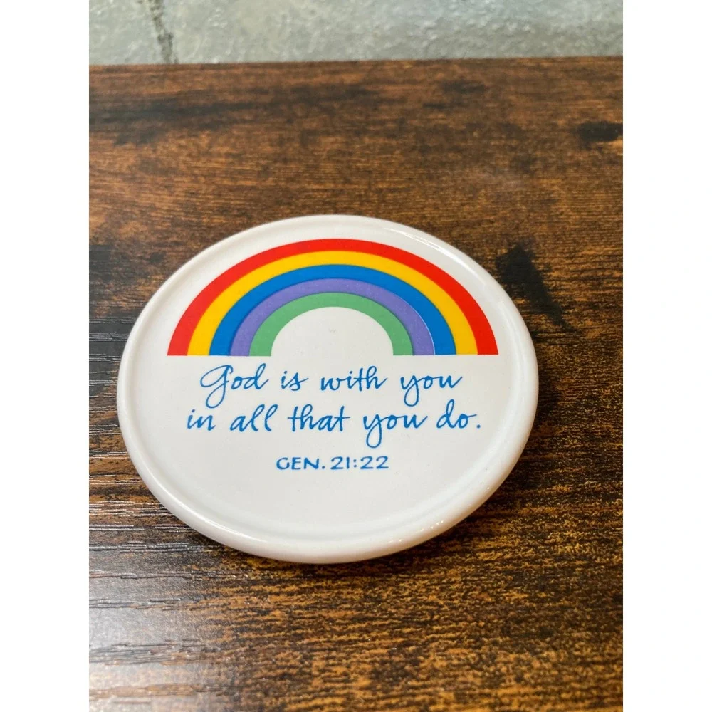 Religious Rainbow Ceramic Trinket Dish God Is With You Genesis 21:22 tea topper